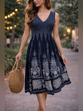 Studio M Blue & White Boho Print Dress – Size Small